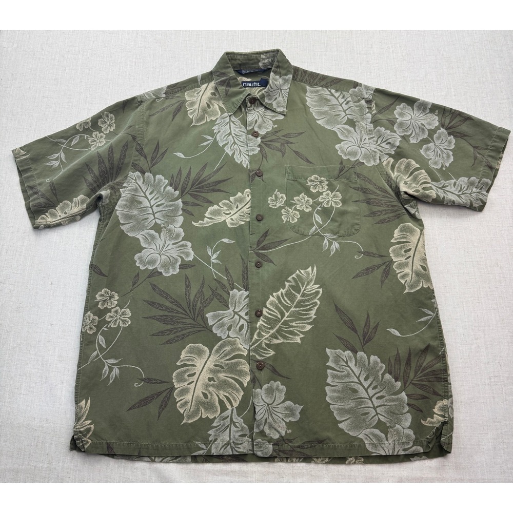 VTG Nautica Hawaiian Shirt Mens Med Olive Green Rayon Linen Blend Tropical 90s